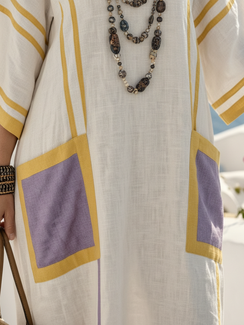 Elegant maxi dress women V-neck short sleeve pocket detail chic