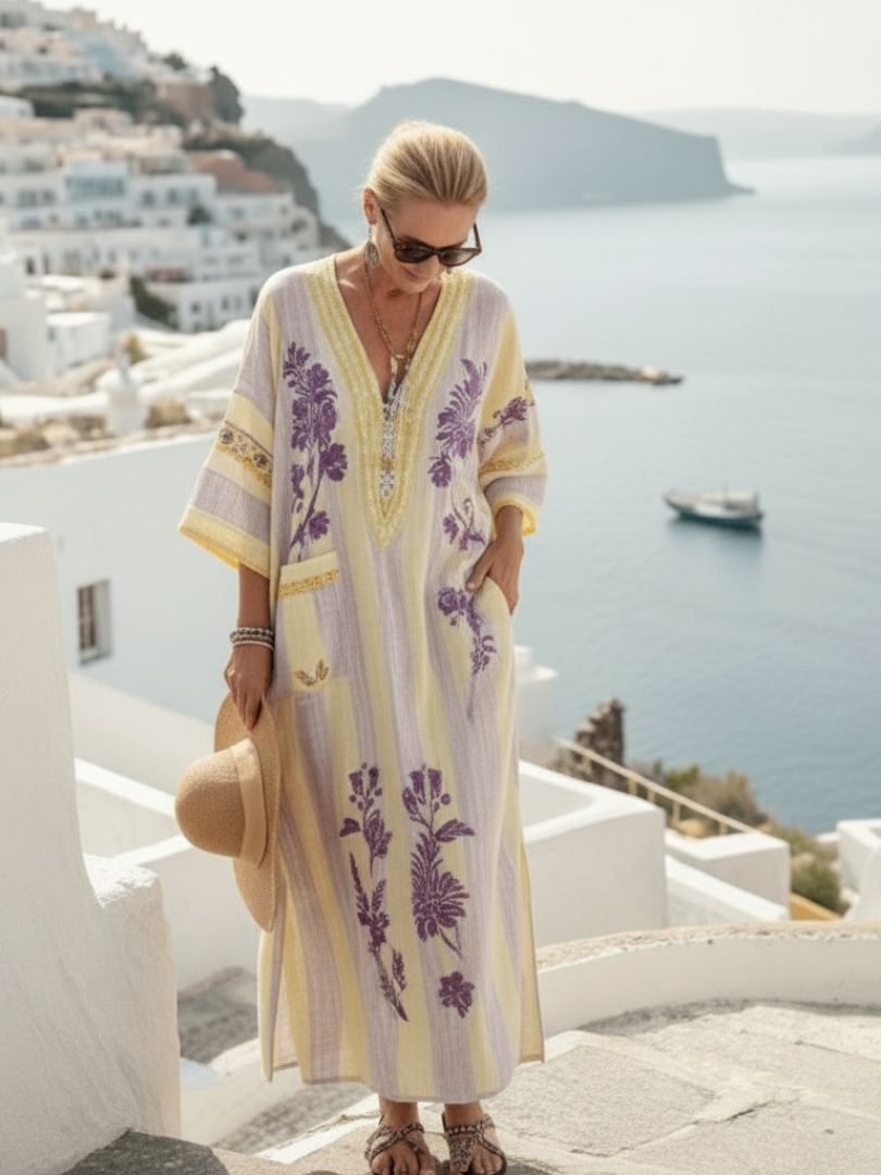 Elegant V-neck maxi dress women striped floral half sleeve soft fit