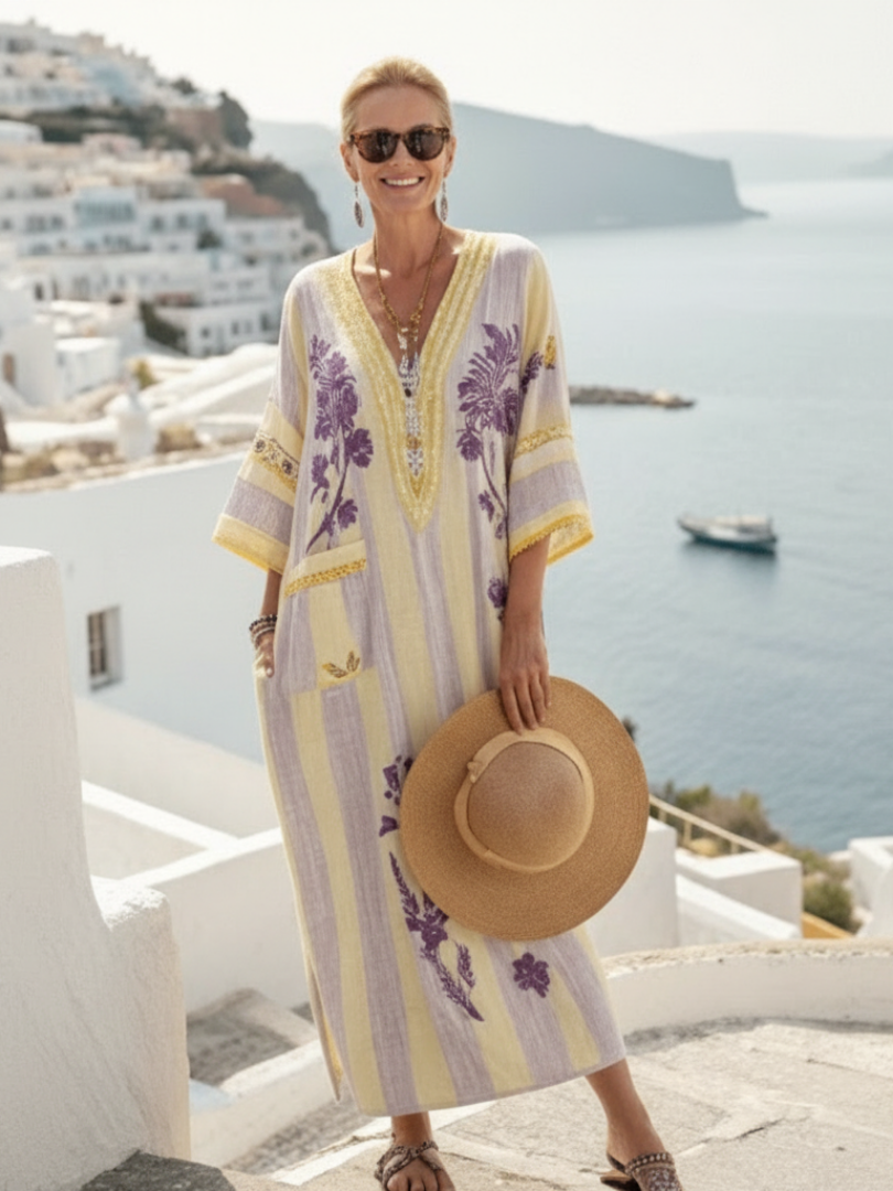 Elegant V-neck maxi dress women striped floral half sleeve soft fit