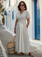 Stylish midi dress women V-neck cross waist short sleeve flattering fit