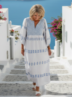 Stylish V-neck maxi dress women long sleeve embroidery flowy comfort