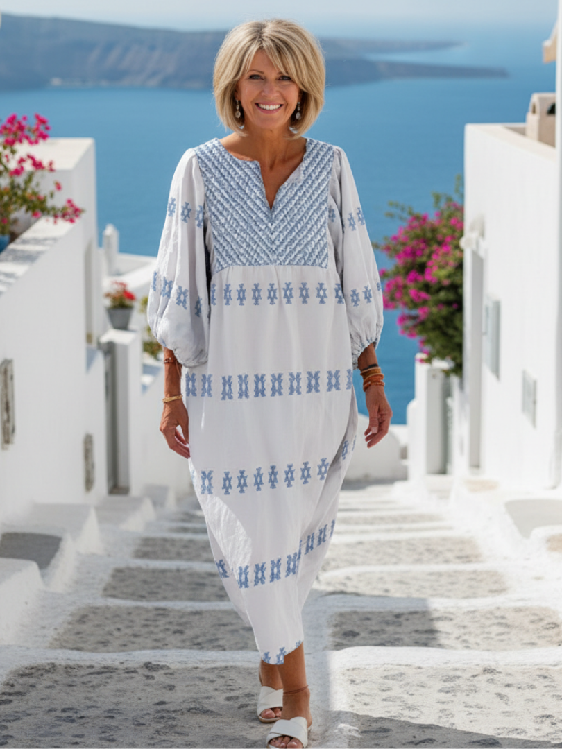 Stylish V-neck maxi dress women long sleeve embroidery flowy comfort
