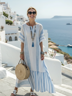 Elegant striped maxi dress women round neck short sleeve relaxed style