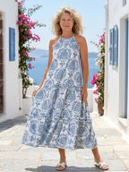 Elegant tiered midi dress women sleeveless high neck soft breathable comfort
