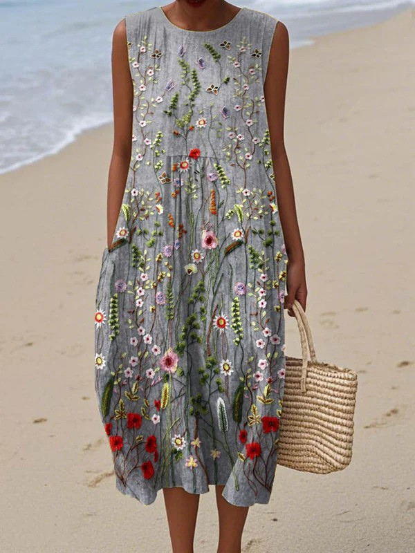 Cara | Women's Wildflower Embroidered Relaxed Midi Dress