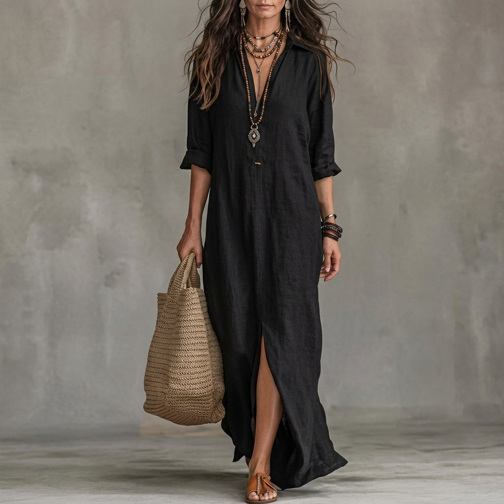 Amalia | Women's Black Linen Shirt Dress