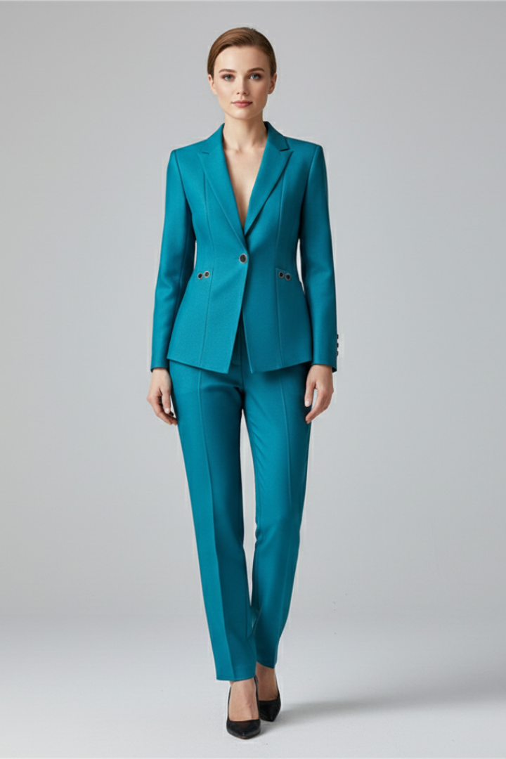 Olive | Women's Teal Blazer Set with Straight Trousers