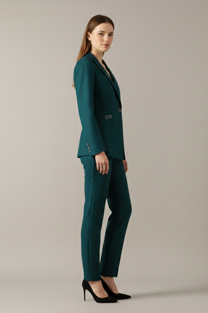 Olive | Women's Teal Blazer Set with Straight Trousers