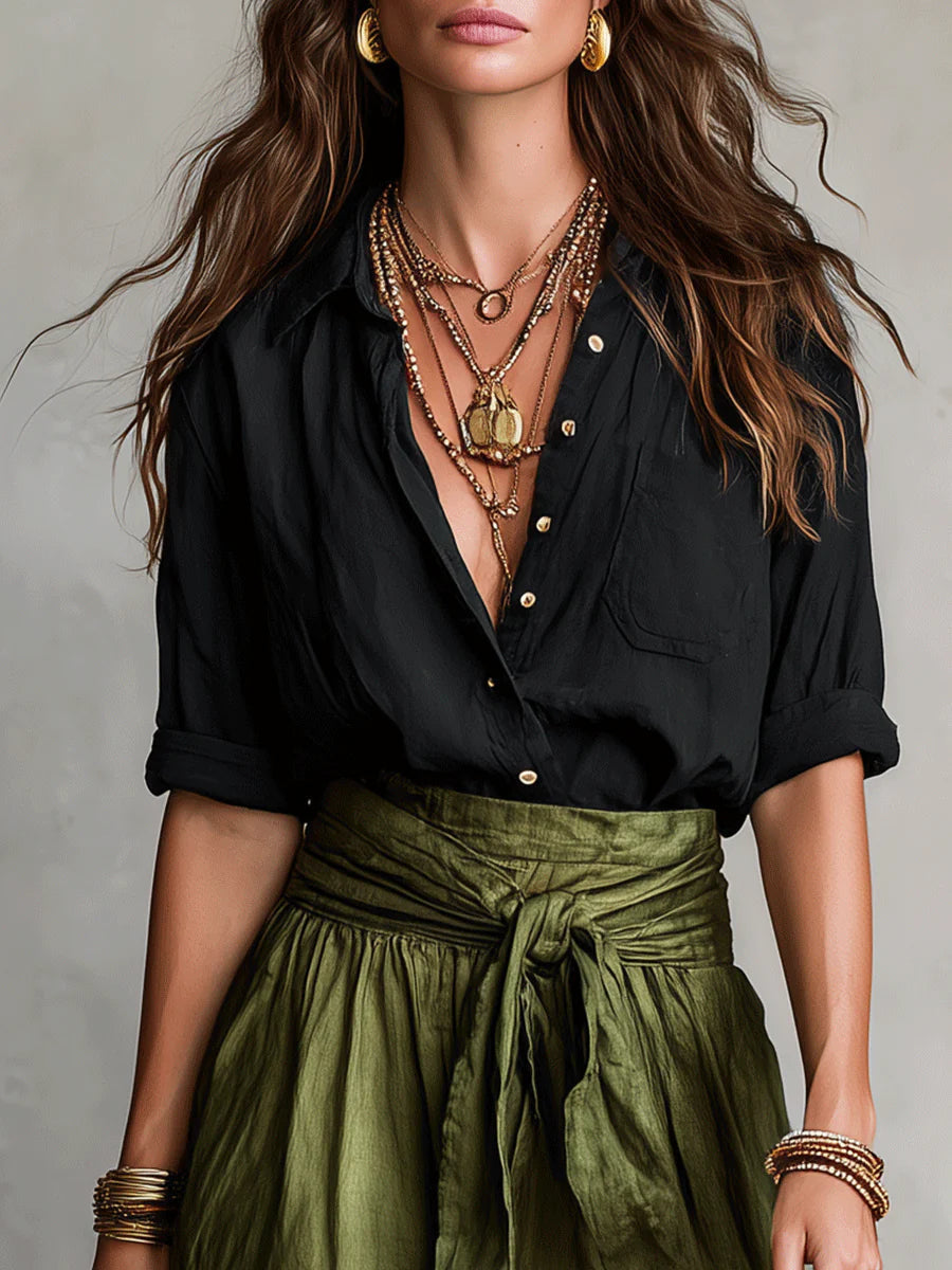 Linden | Women's Black Shirt and Olive Skirt Set