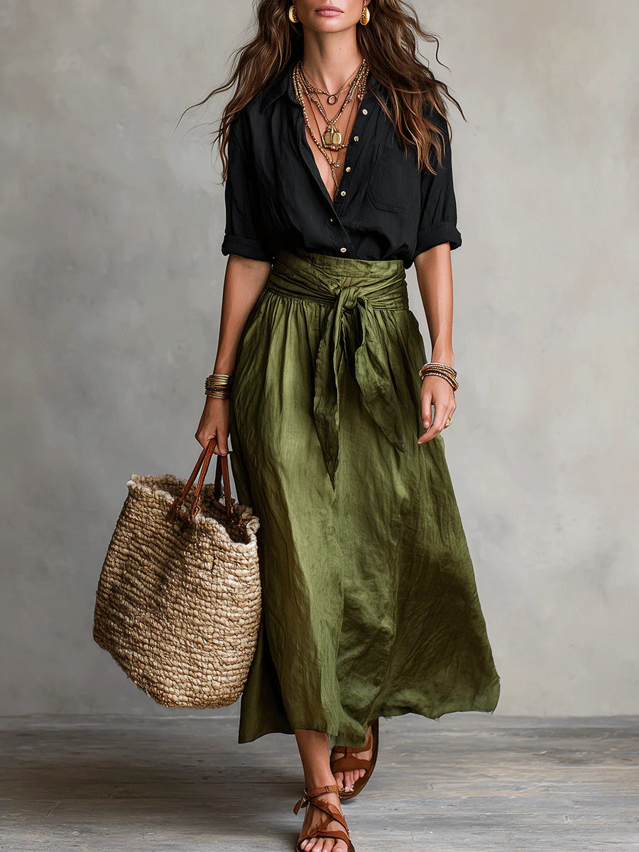 Linden | Women's Black Shirt and Olive Skirt Set