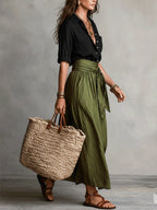 Linden | Women's Black Shirt and Olive Skirt Set
