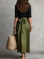 Linden | Women's Black Shirt and Olive Skirt Set