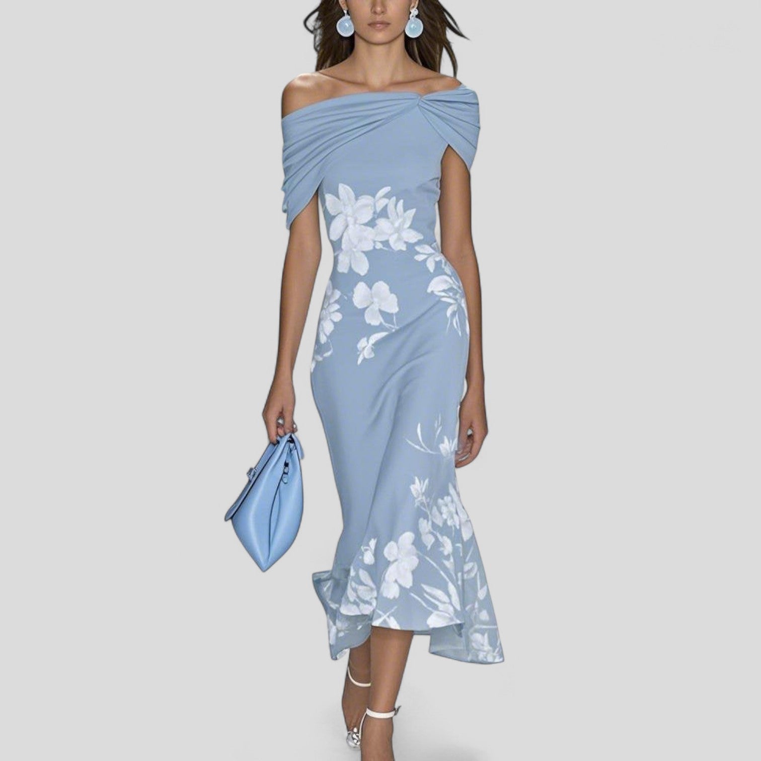 Elegant Off-Shoulder Midi Dress, Tailored Fit and Delicate Floral Design