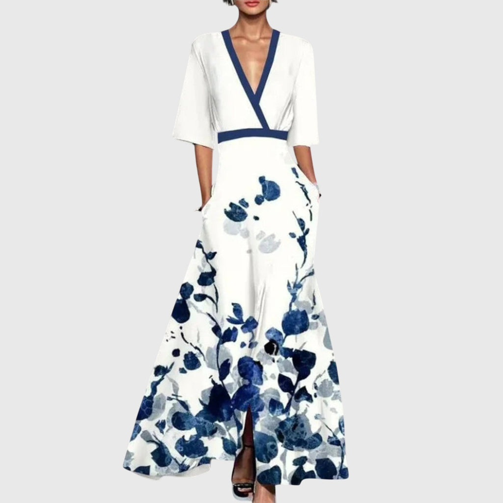 Elegant Midi Dress with a Wrap Neckline, Bold Floral Print and a Flowy Feminine Fit