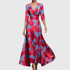 Elegant Midi Dress with a Wrap Neckline, Bold Floral Print and a Flowy Feminine Fit