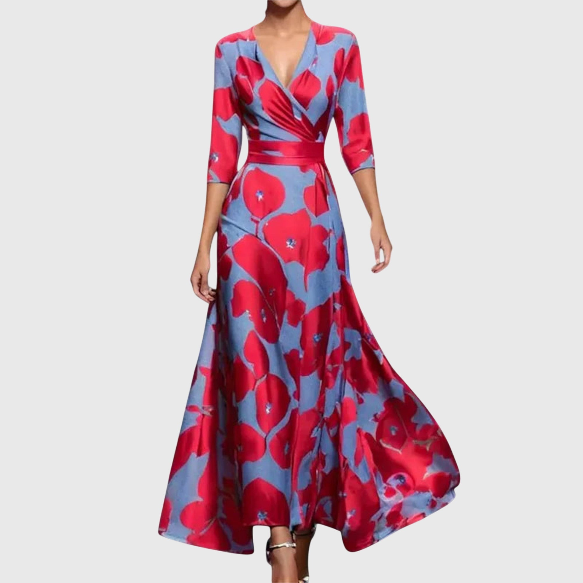 Elegant Midi Dress with a Wrap Neckline, Bold Floral Print and a Flowy Feminine Fit