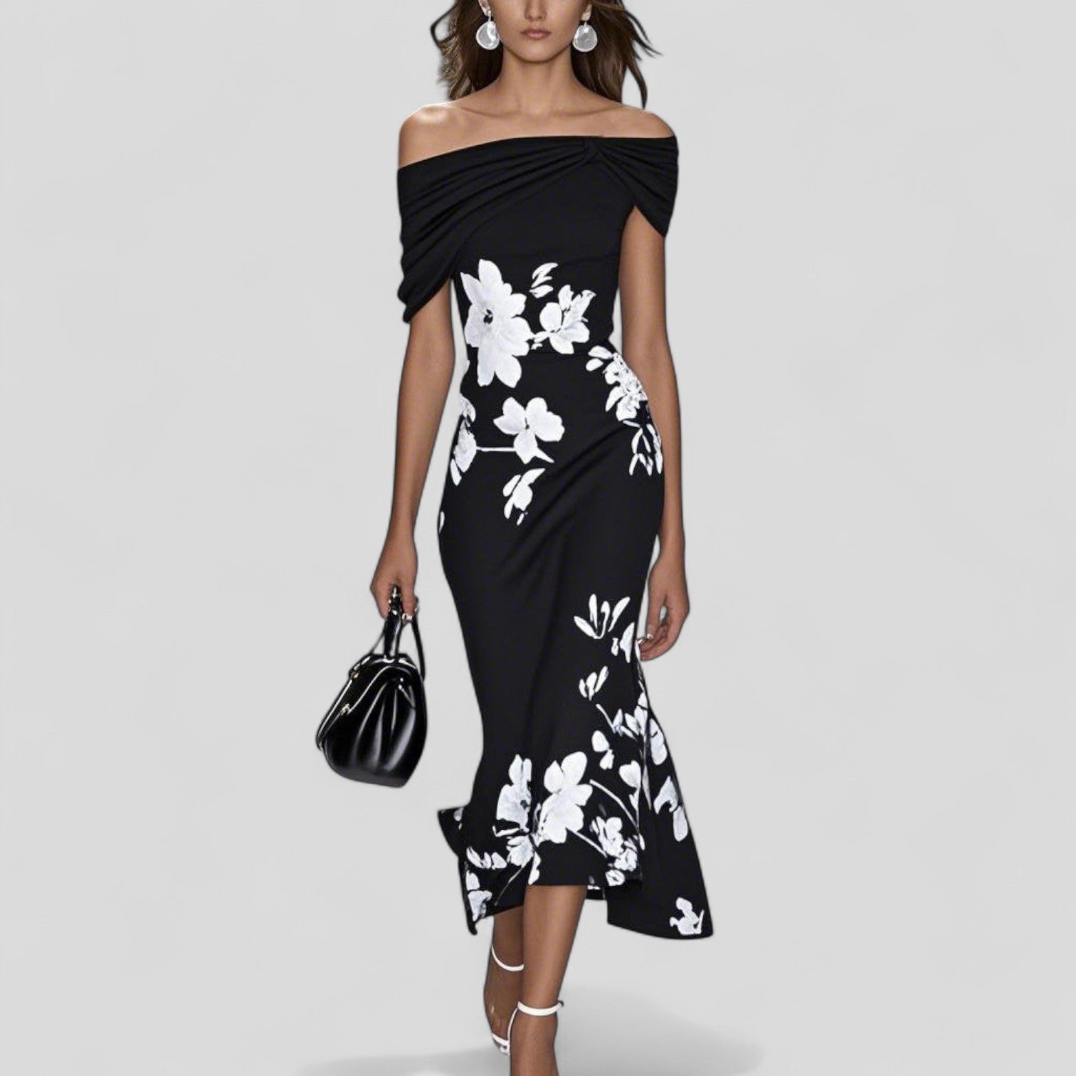 Elegant Off-Shoulder Midi Dress, Tailored Fit and Delicate Floral Design