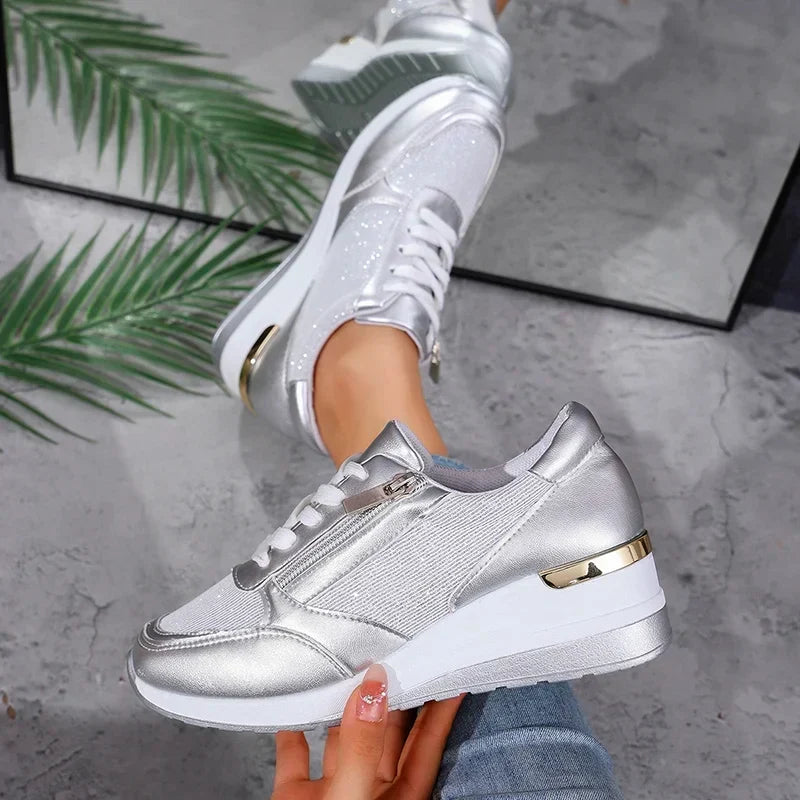 Élodie | Women Wedge Sneakers Metallic Finish Side Zip