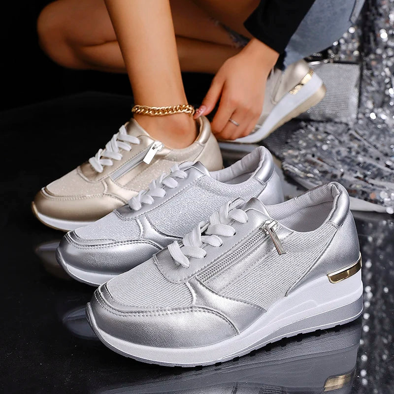 Élodie | Women Wedge Sneakers Metallic Finish Side Zip