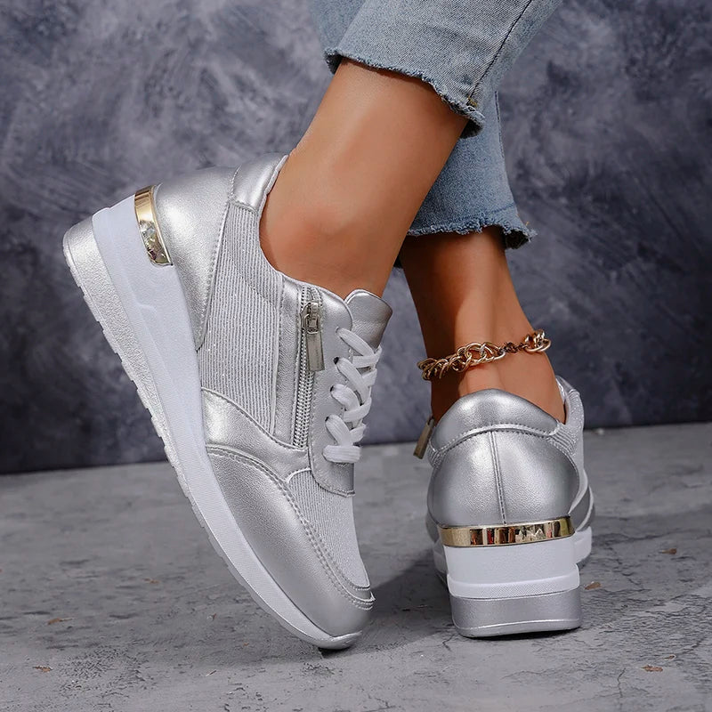 Élodie | Women Wedge Sneakers Metallic Finish Side Zip