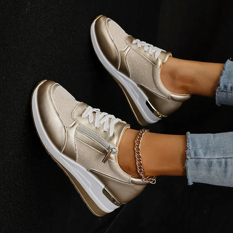 Élodie | Women Wedge Sneakers Metallic Finish Side Zip