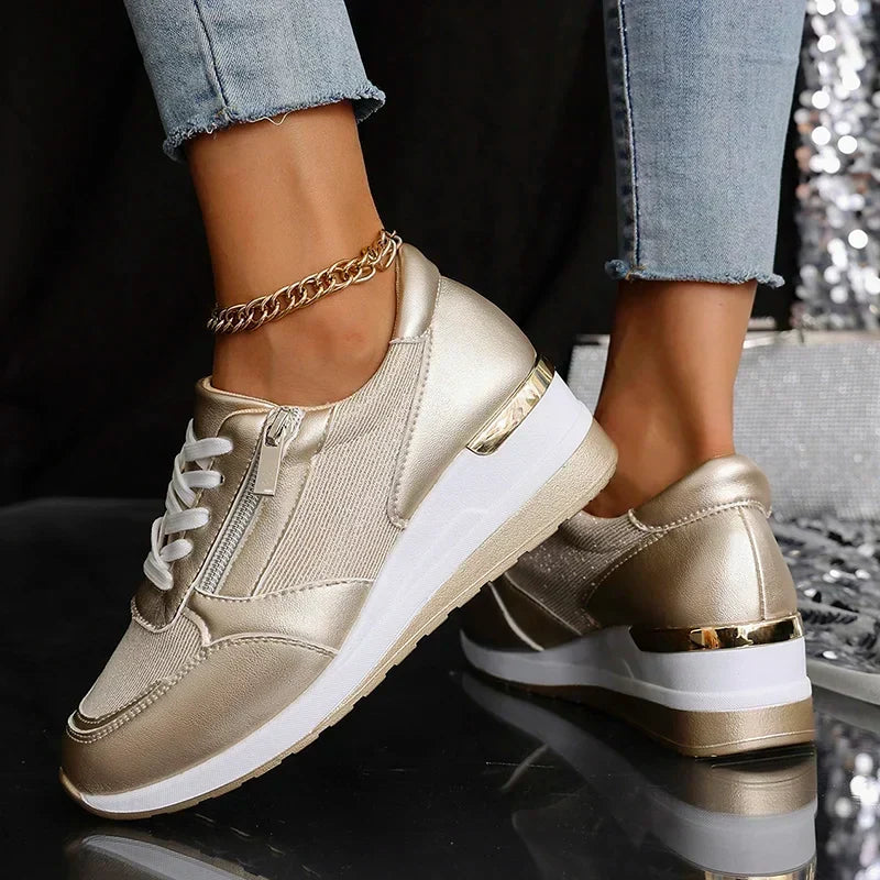 Élodie | Women Wedge Sneakers Metallic Finish Side Zip