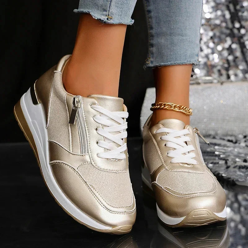 Élodie | Women Wedge Sneakers Metallic Finish Side Zip