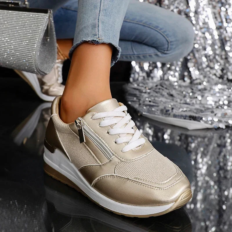 Élodie | Women Wedge Sneakers Metallic Finish Side Zip