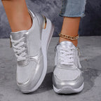 Élodie | Women Wedge Sneakers Metallic Finish Side Zip
