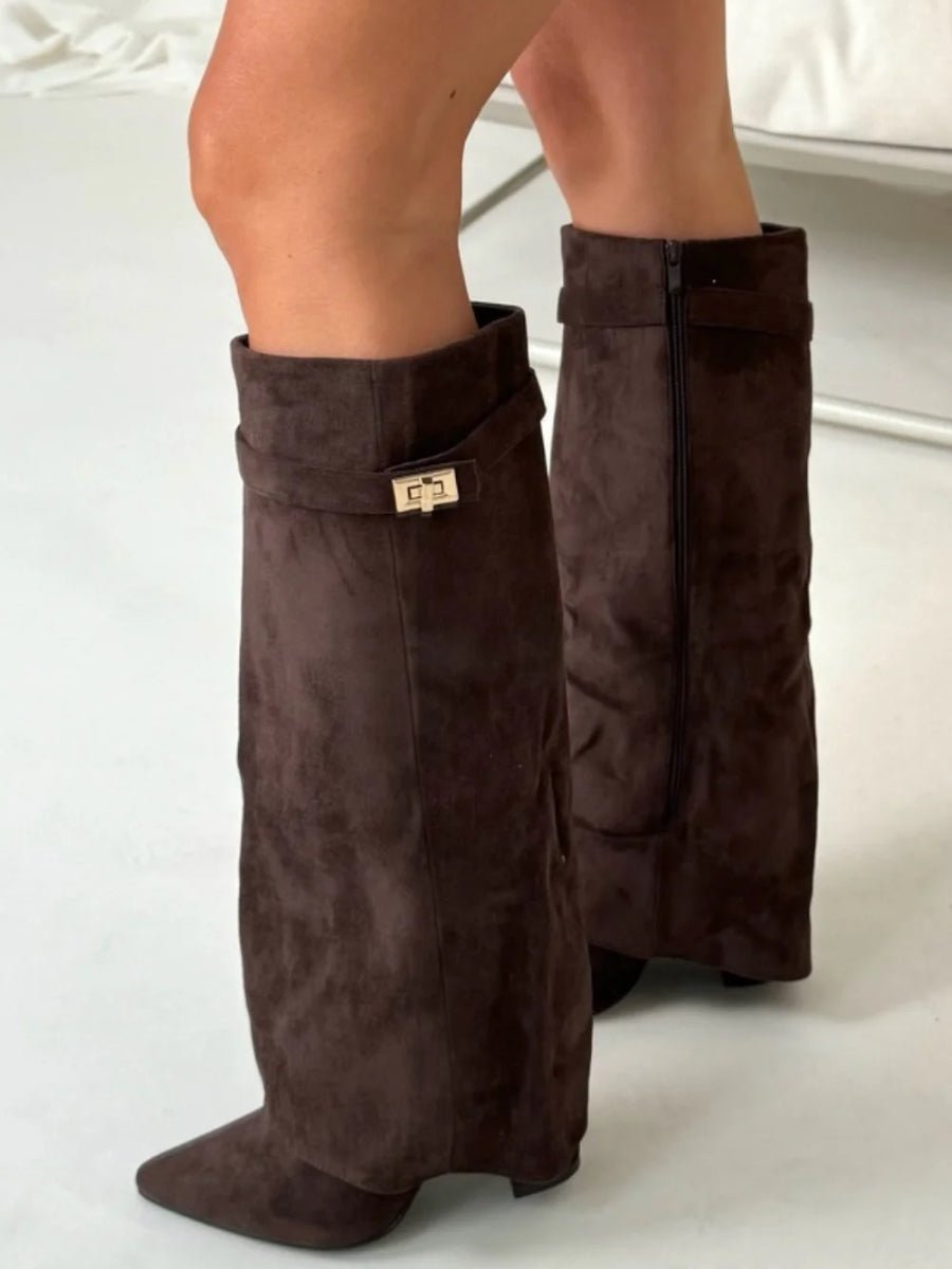 Victoria | Women Knee High Boots Suede Gold Details Refined