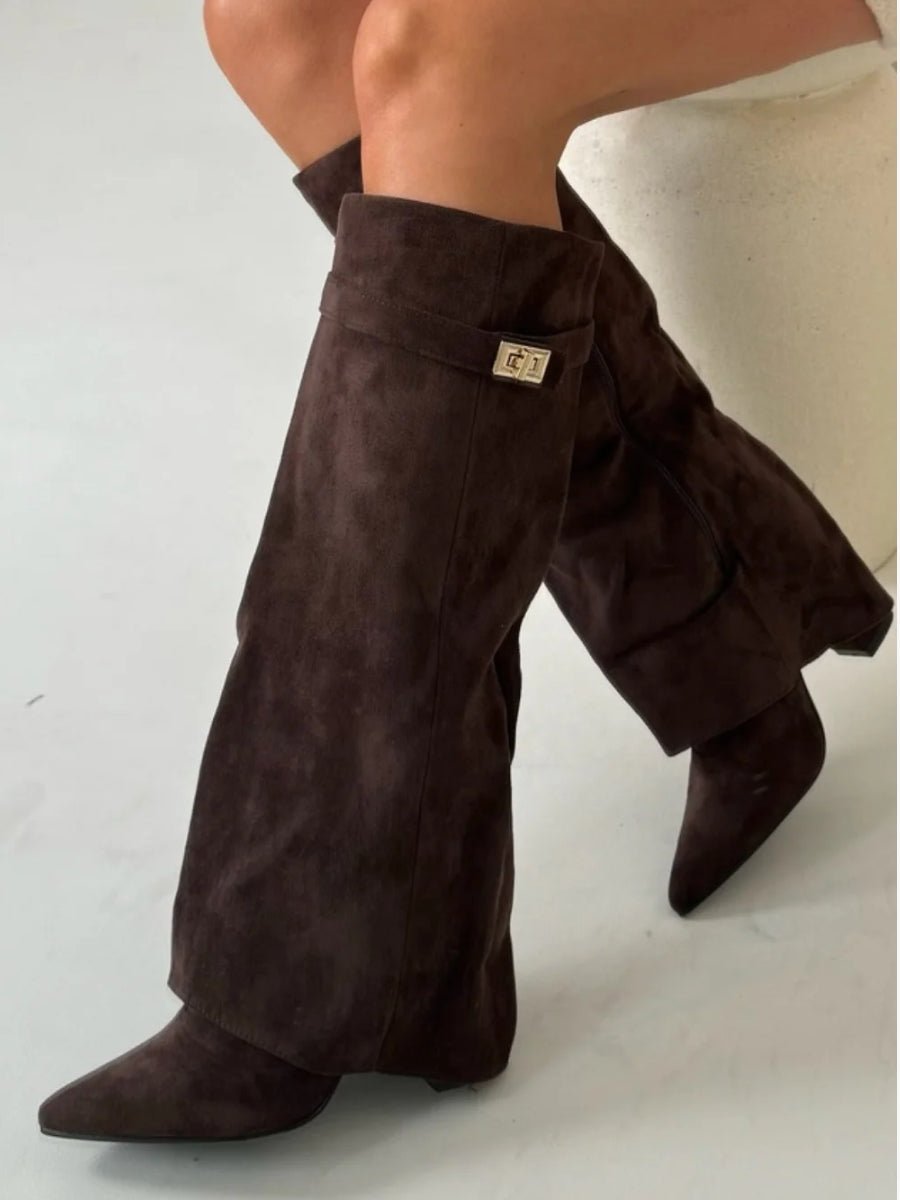 Victoria | Women Knee High Boots Suede Gold Details Refined