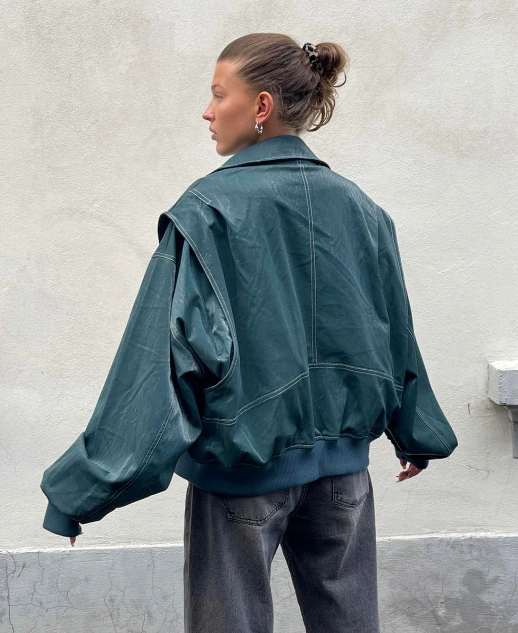 Leone | Women Oversized Faux Leather Bomber Jacket