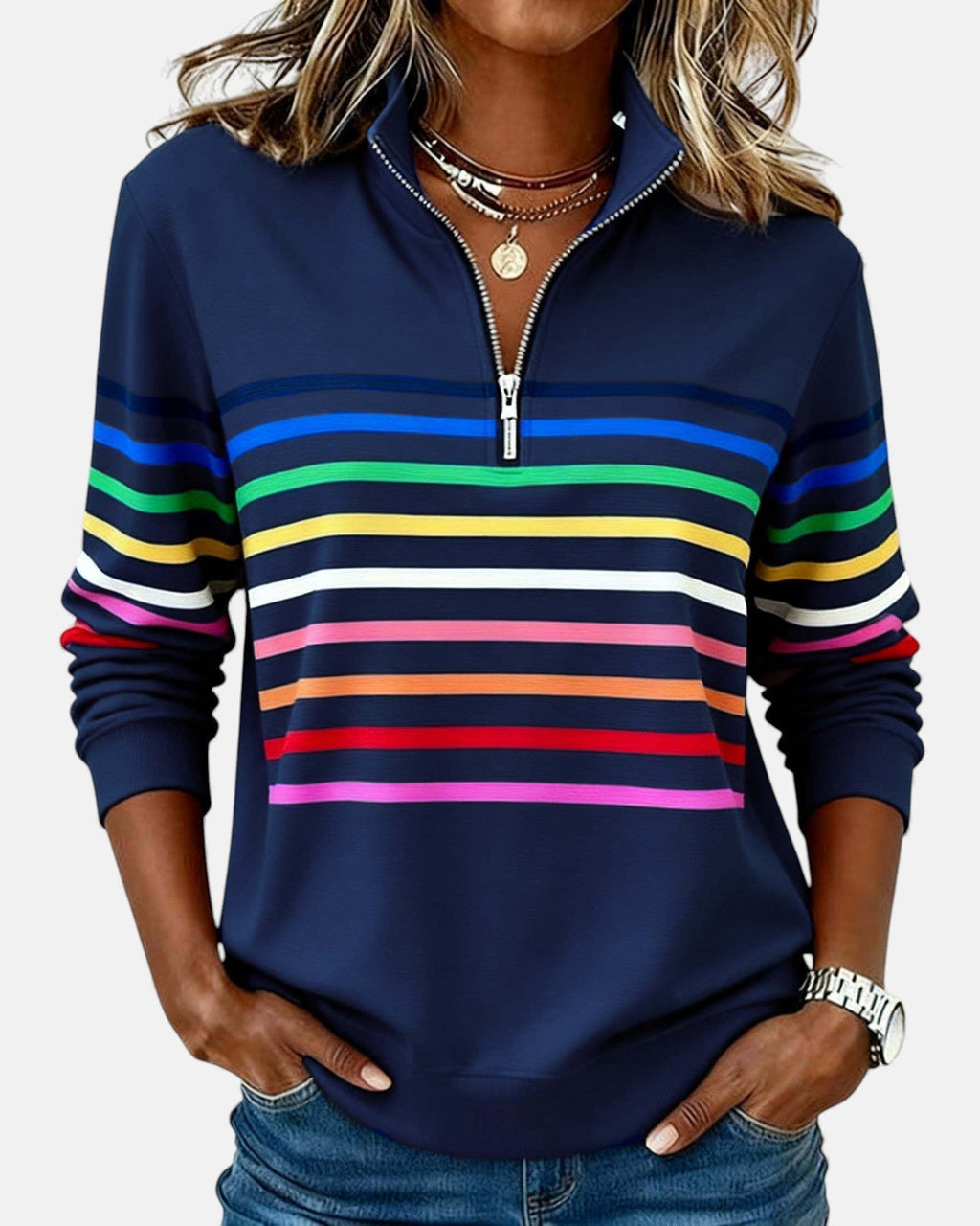 Vienna | Women's Rainbow Striped Half-Zip Sweatshirt