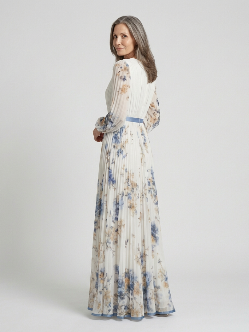 Stylish floral maxi dress women V-neck long sleeve soft flowy comfort