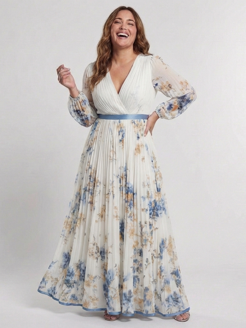 Stylish floral maxi dress women V-neck long sleeve soft flowy comfort