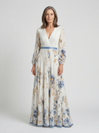 Stylish floral maxi dress women V-neck long sleeve soft flowy comfort