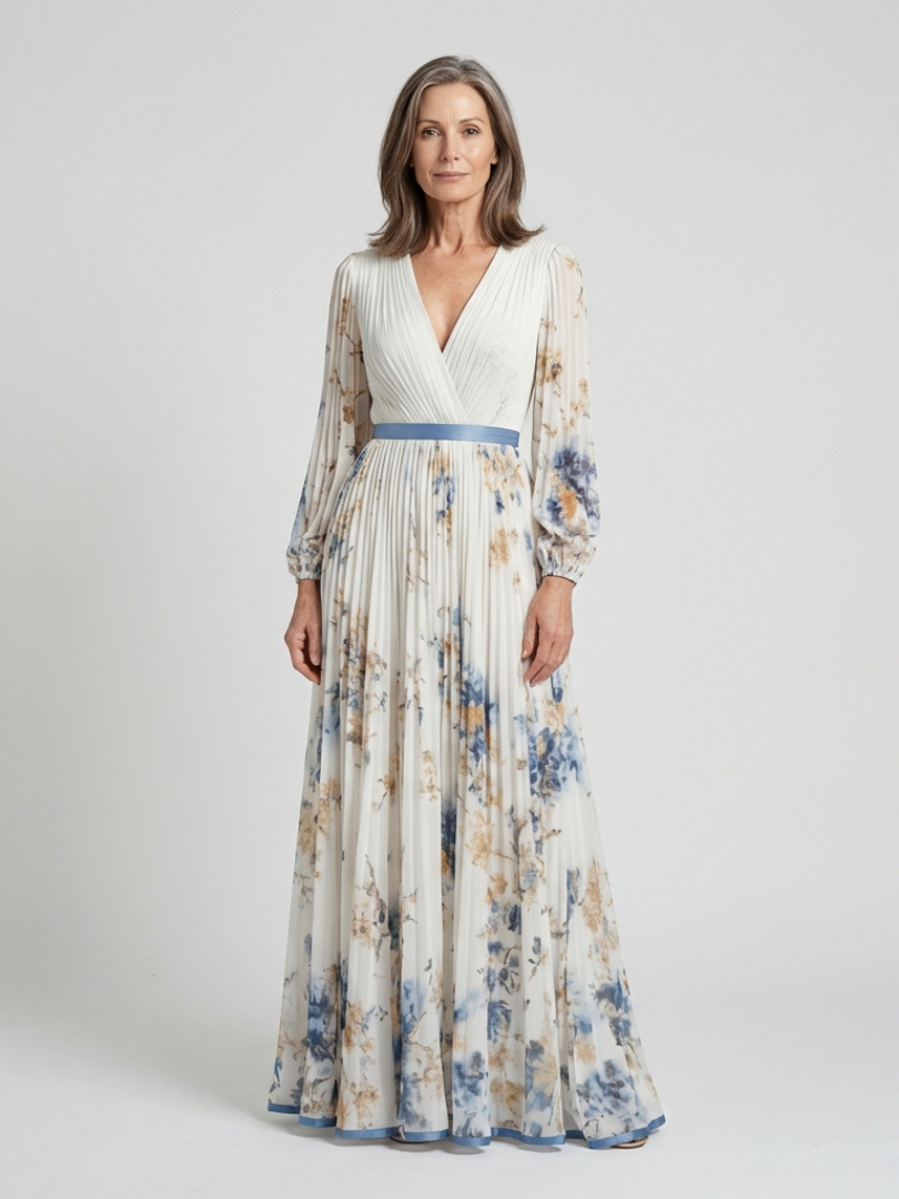 Stylish floral maxi dress women V-neck long sleeve soft flowy comfort