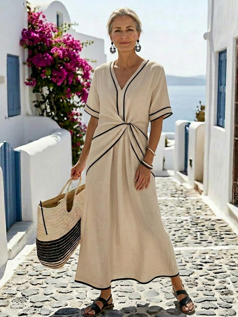 Elegant V-neck gathered waist dress women midi short sleeve chic style