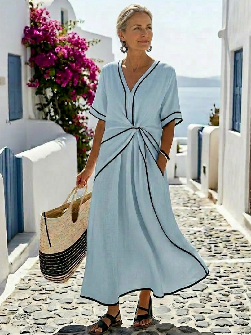 Elegant V-neck gathered waist dress women midi short sleeve chic style