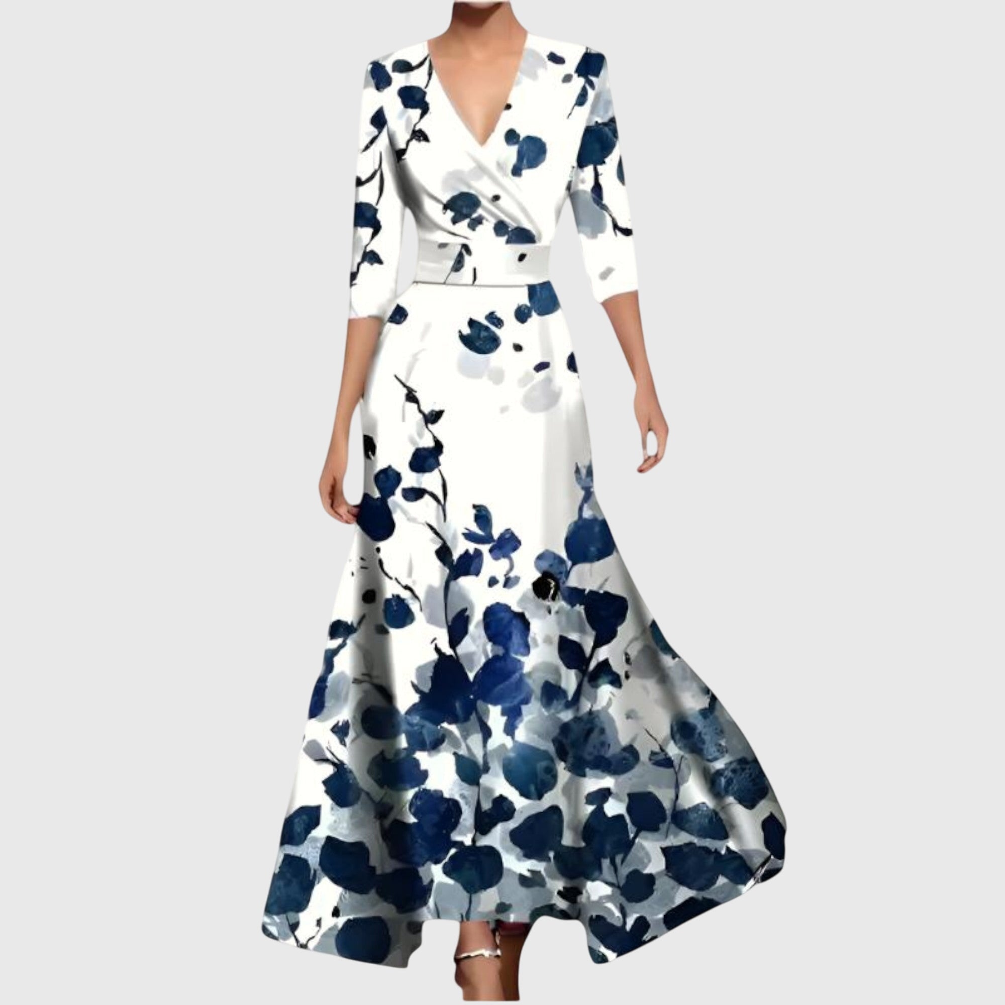 Elegant Midi Dress with a Wrap Neckline, Bold Floral Print and a Flowy Feminine Fit