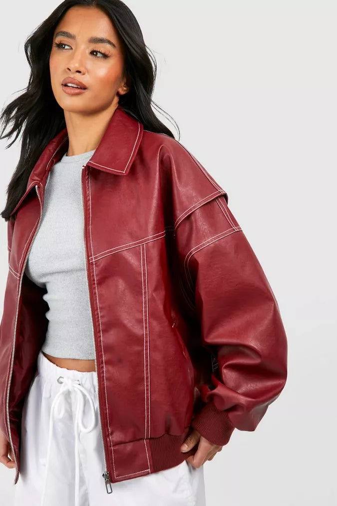 Leone | Women Oversized Faux Leather Bomber Jacket