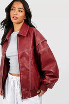 Leone | Women Oversized Faux Leather Bomber Jacket