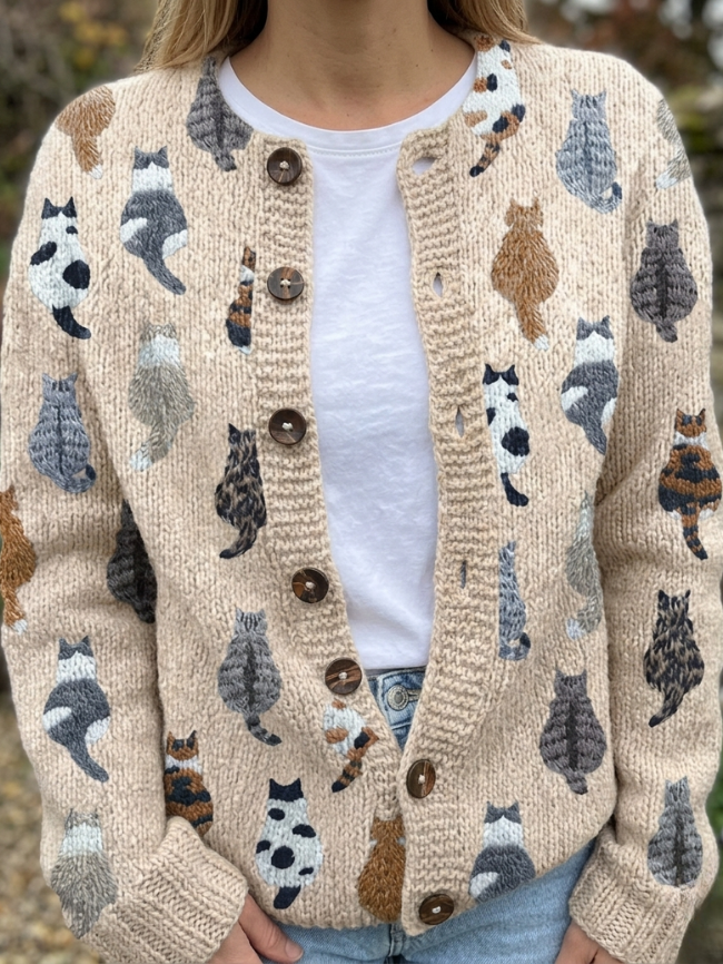 Camille | Women's Cat Print Button Cardigan