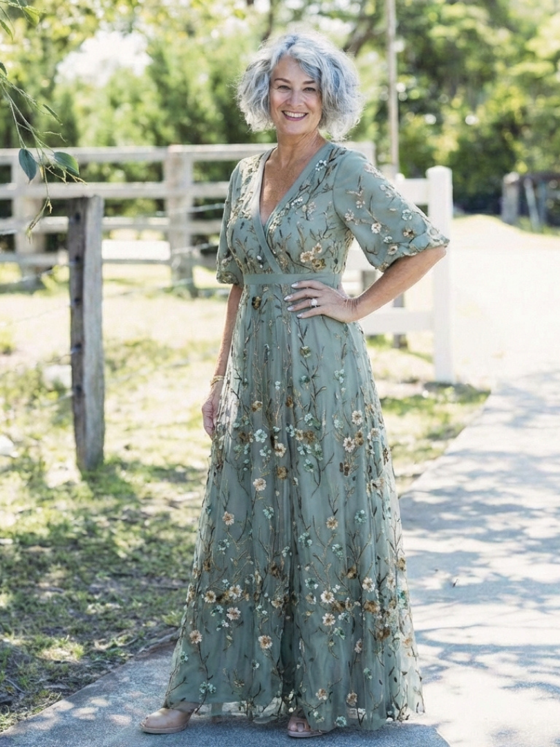 Short sleeve floral maxi dress women V-neck soft breathable comfort