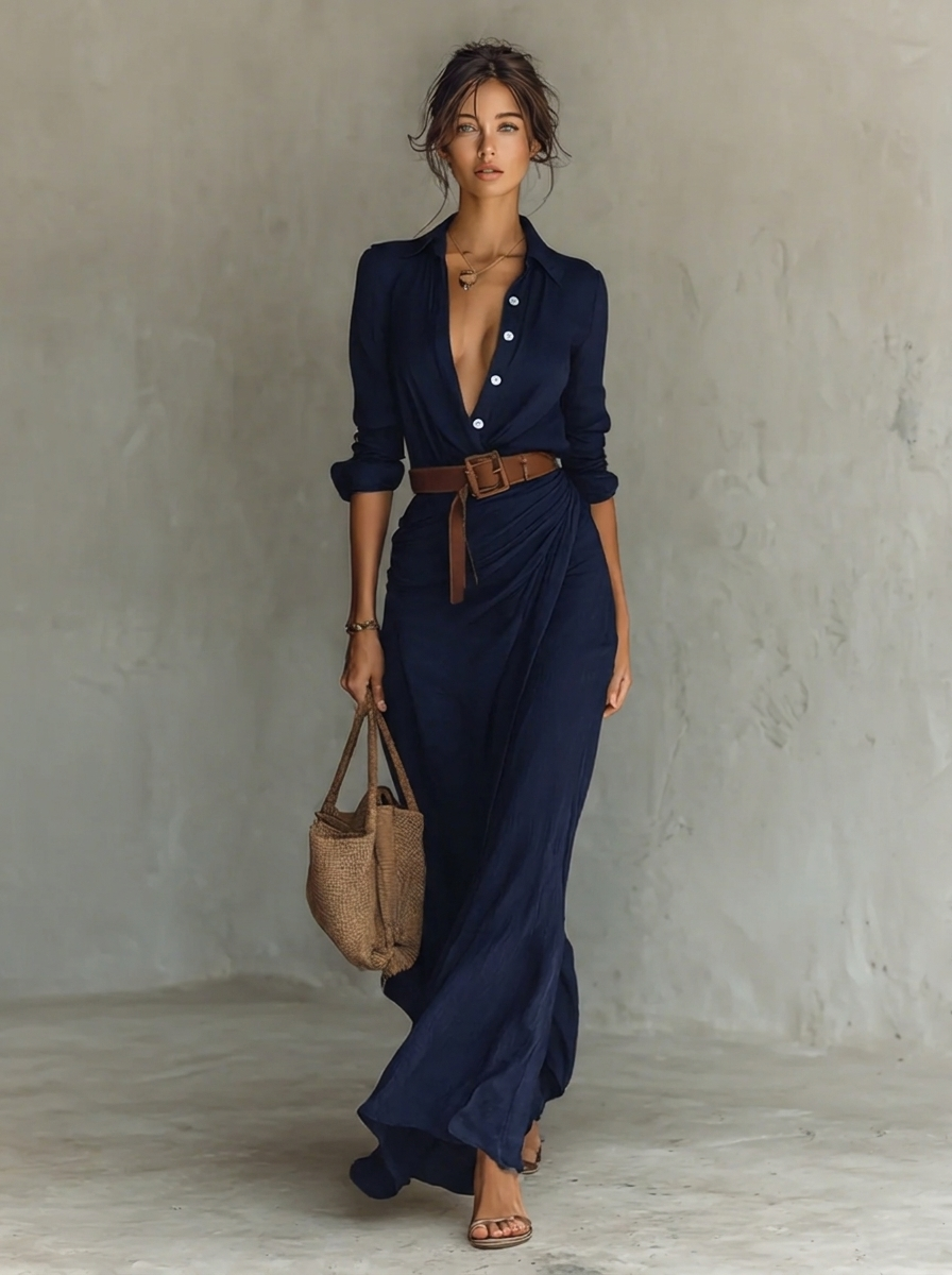 Ellis | Women's Belted Shirt Maxi Dress