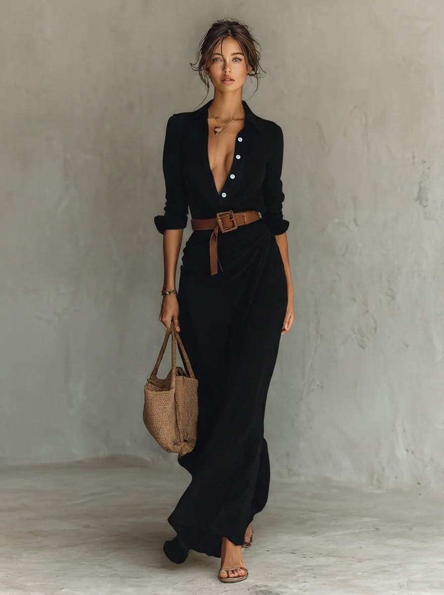 Ellis | Women's Belted Shirt Maxi Dress