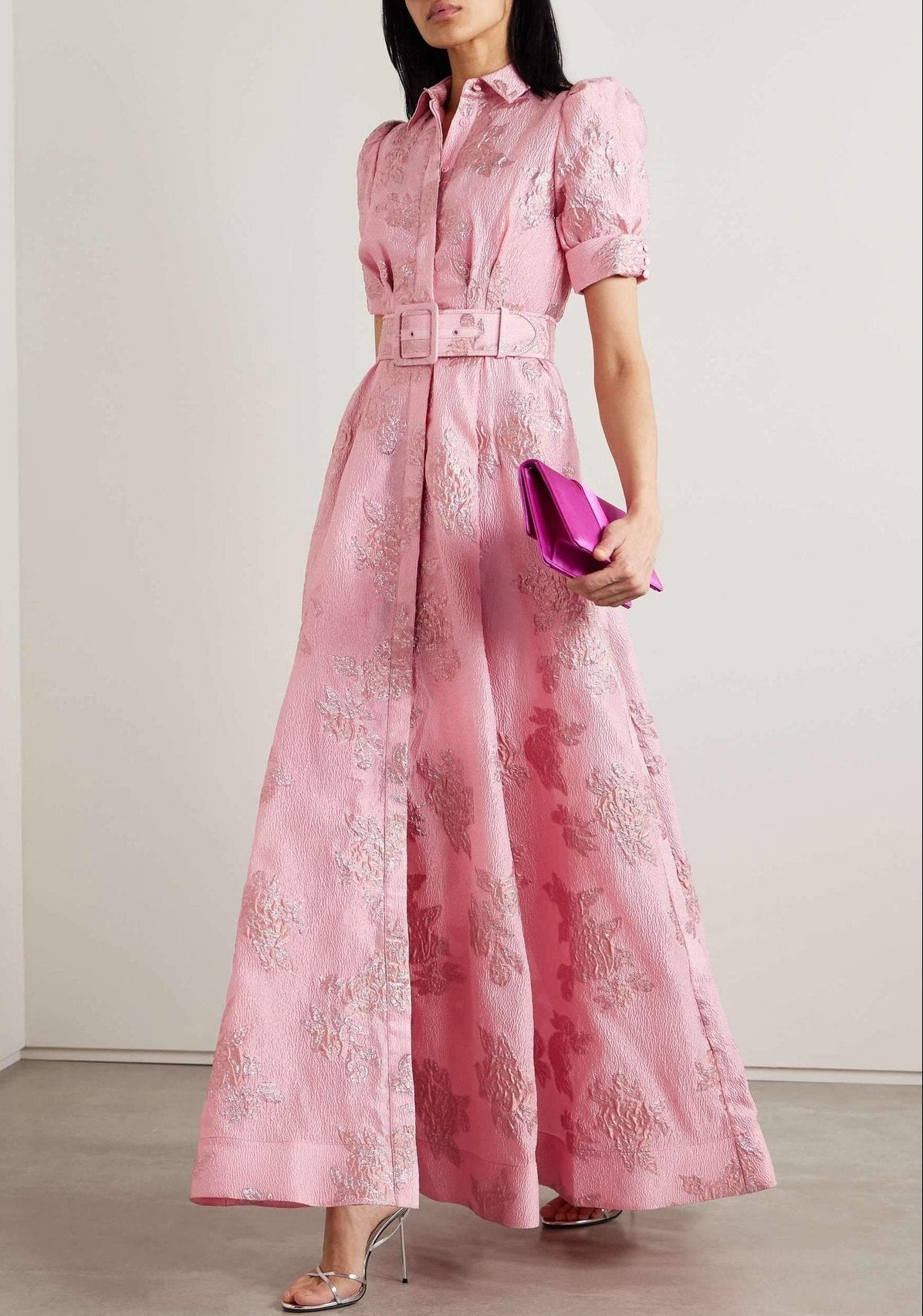 Elaine | Women's Textured Floral Maxi Dress with Belt