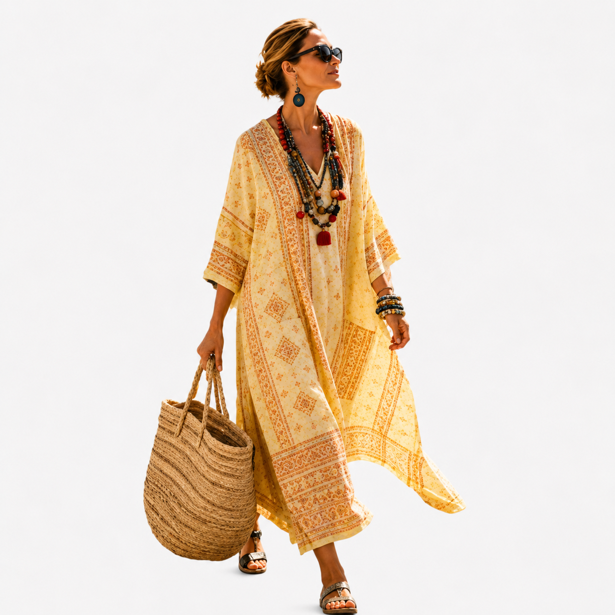 Aurelia | Women's Gold Patterned V-Neck Maxi Dress