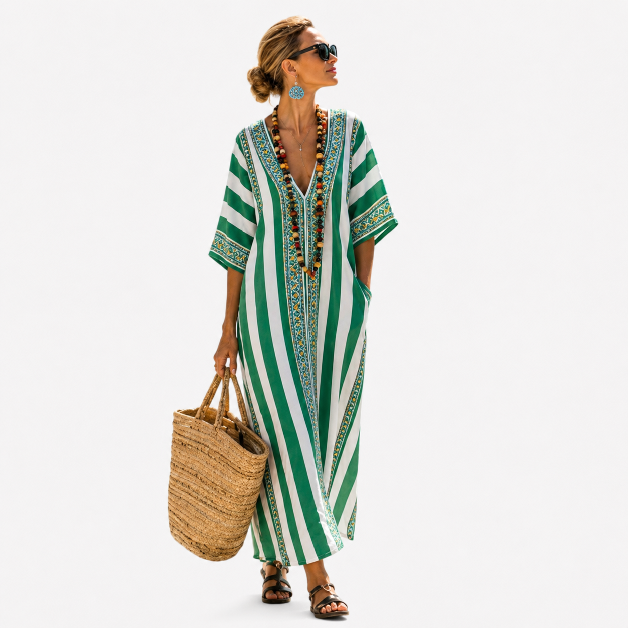 Isla | Women's Green Striped V-Neck Maxi Dress