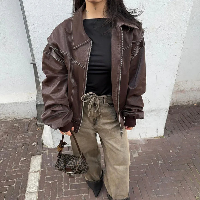 Leone | Women Oversized Faux Leather Bomber Jacket
